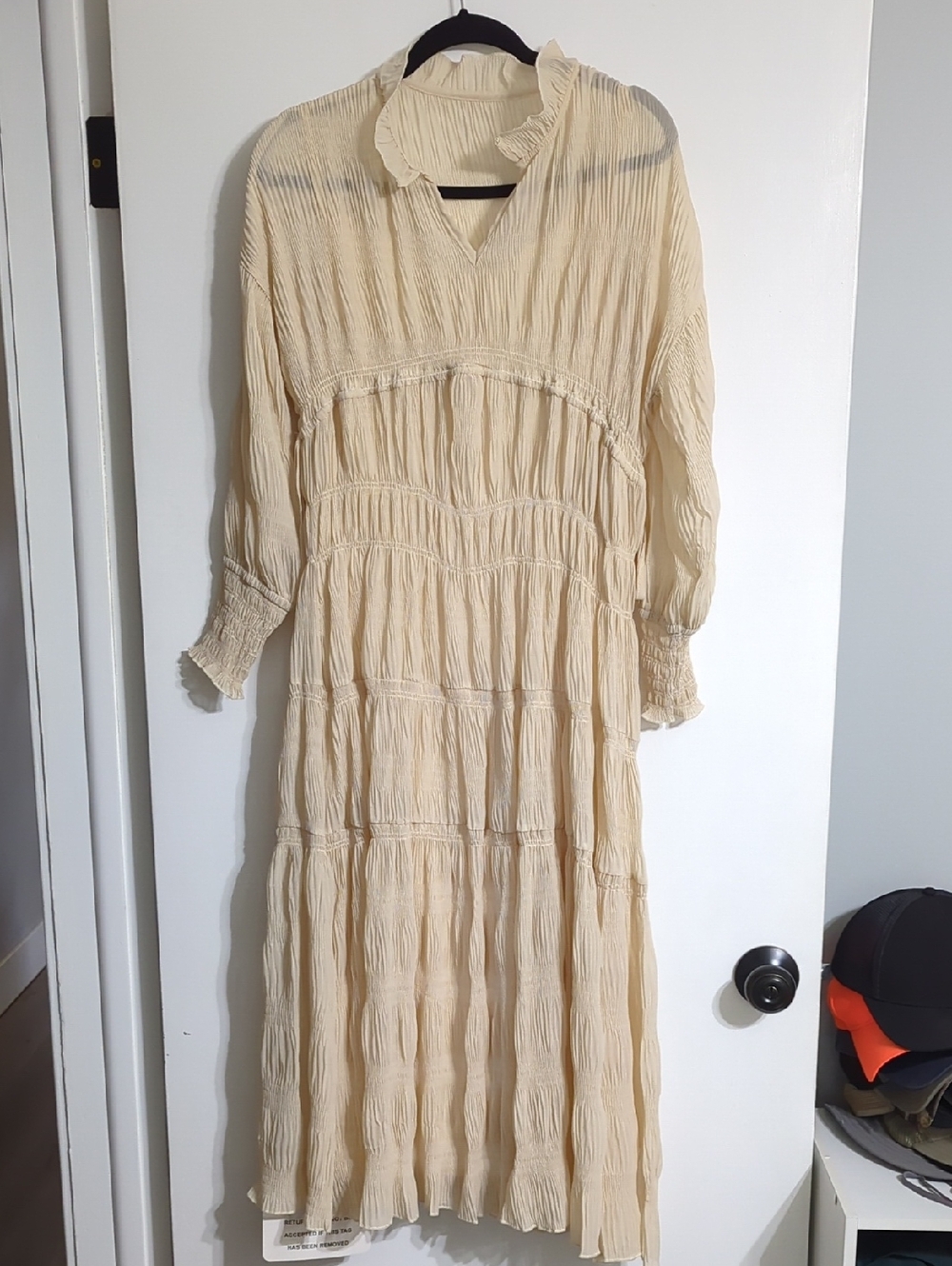 Chicwish Cream Long-Sleeve Tiered Crinkle Maxi Dress